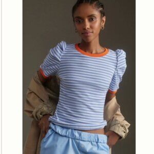 Maeve Puff-Sleeve Striped Top Small - lavender color (looks blue/periwinkle)